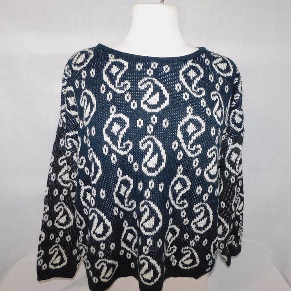 VTG Joan Harper Black White Paisley Pattern oversized Pullover Sweater Women M - Picture 9 of 9